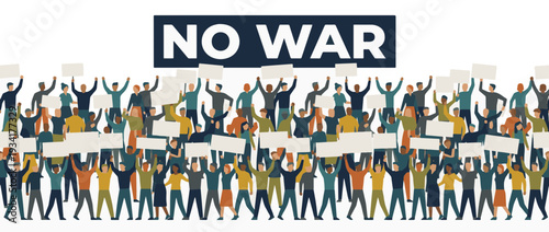 Anti-war protest crowd with placards. No war demonstration banner. Flat vector illustration