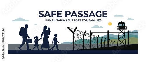 Refugee family silhouette crossing border. Safe passage humanitarian support banner. Vector design