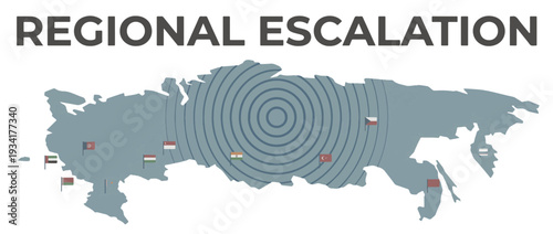 Regional escalation map concept. Geopolitical conflict and impact zone. Vector infographic