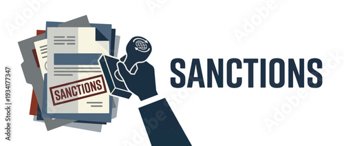 Sanctions rubber stamp on documents. Economic embargo and legal paperwork. Vector illustration