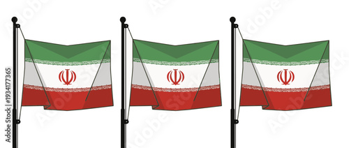 Three waving flags of Iran on flagpoles. National symbol vector illustration set. Flat design