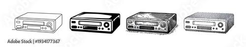 Car radio audio receiver units are depicted in diverse black and white illustration styles, showcasing different artistic techniques.