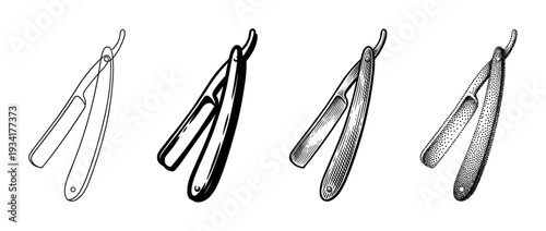 Four straight razors depicted in various artistic styles, showcasing different line art and stipple techniques.