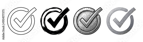 Checkmark icons in various hand drawn styles represent approval, completion, and verification for digital and print media.