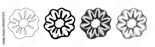 Four different scrunchie illustrations showcasing various artistic styles and textures for hair accessories.