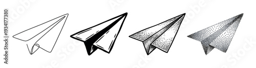 Four paper airplanes depicted in various artistic styles, showcasing different vector illustration techniques for creative projects.
