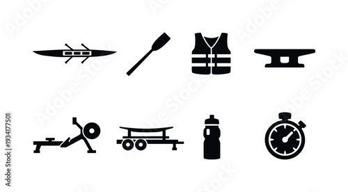 Collection of black icons representing water sports and training equipment