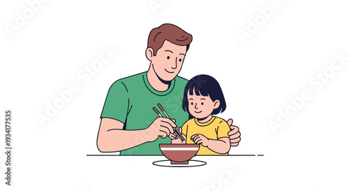 A man and a little girl eating a meal together with chopsticks in a simple illustration style on a white background.