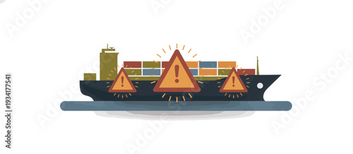 Shipping risk and maritime hazard illustration. Container ship silhouette with warning triangles. Flat design vector graphic isolated