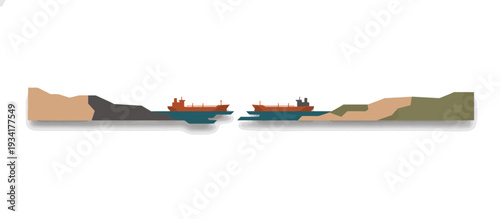 Strait of Hormuz maritime chokepoint illustration. Oil tankers in narrow sea passage. Flat design vector graphic isolated