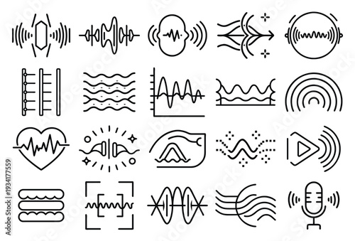 Sound Wave Patterns Icon Set: A comprehensive collection of stylized sound wave patterns, depicting various audio frequencies and representations, ideal for multimedia, music production.