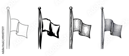 Four blank flags on a flagpole are shown in distinct artistic styles, including line art, solid fill, hatching, and stippling.