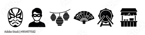 Japanese festival elements icon set features traditional cultural symbols and entertainment items for celebration.