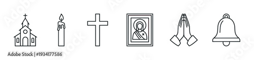 Christian religious symbols collection featuring church, candle, cross, icon, praying hands, and bell outlines.