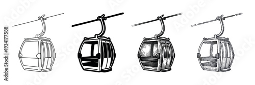 Four distinct cable car gondola illustrations depicting various artistic styles for aerial transport designs.