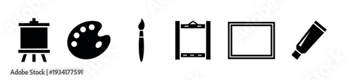 Art supplies icons representing various creative tools for painting, drawing, and artistic expression in a simple graphic style.