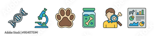 Veterinary science icons representing animal health and research concepts are displayed in a colorful, illustrative collection.