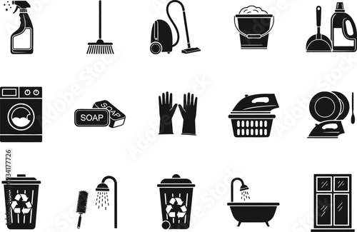 a collection of monochrome icons depicts various household cleaning tools and appliances showcasing items for maintaining a tidy home environment
