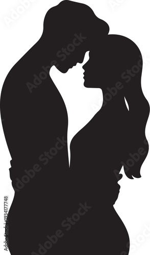 Black silhouette of couple kissing white background