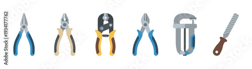 Various hand tools including pliers, a clamp, and a file are essential for many repair and construction tasks.