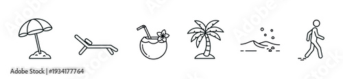 Collection of summer beach vacation holiday travel icons representing leisure activities and tropical destinations.