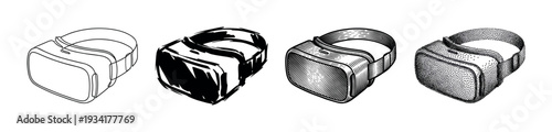 Four virtual reality headsets in various artistic styles representing modern technology and immersive digital experiences.