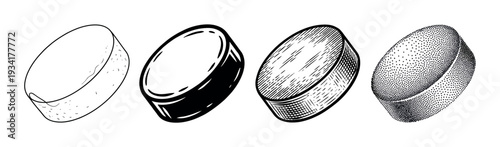 Four distinct hockey puck illustrations showcase various artistic techniques and textures rendered in classic black and white style.