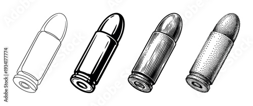 Four distinct bullet cartridges are rendered in various black and white illustration styles, including outline, solid, engraved, and stippled designs.