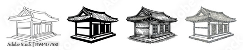 Traditional Asian temple building vector illustration set showcasing various artistic styles from outline to detailed stippling.