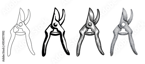 Garden pruners secateurs tools set in various artistic styles for gardening and horticulture projects.