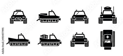 Tracked vehicles, utility vehicles, off-road vehicles, specialized transport icons set for various rugged terrain applications.