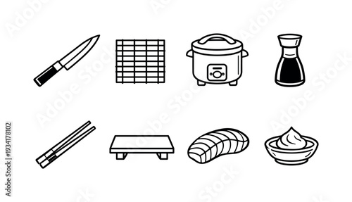 Collection of Japanese sushi making ingredients and tools in a simple line art style
