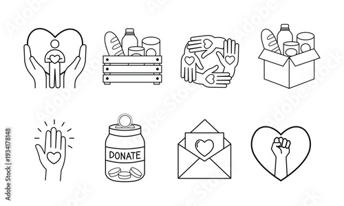 Collection of icons for food bank, volunteer hands, and donation jars. Vector symbols of kindness, sharing, and non-profit organization activities.