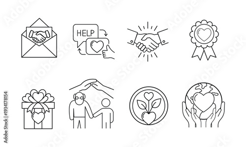 Charity and volunteer thin line icons set. Social responsibility, donation, and community support concepts. Linear vector illustration.
