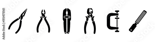 Various essential hand tools icon set for construction and repair work, featuring a collection of common equipment used in workshops and DIY projects.