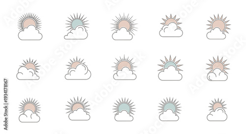 Aesthetic weather icons depicting the sun behind clouds in multiple variations and color palettes