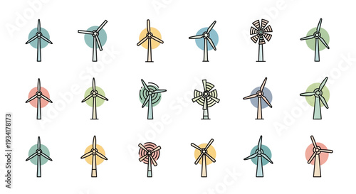 Aesthetic wind turbines assortment, featuring a variety of energy-generating designs