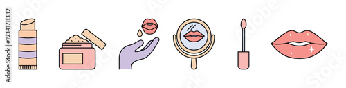 Various lip care products and beauty items illustrated in a clean, minimalist outline style for cosmetic and wellness concepts.