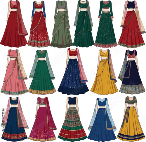 Generate a kinds of different women modern lehenga vector art with white background