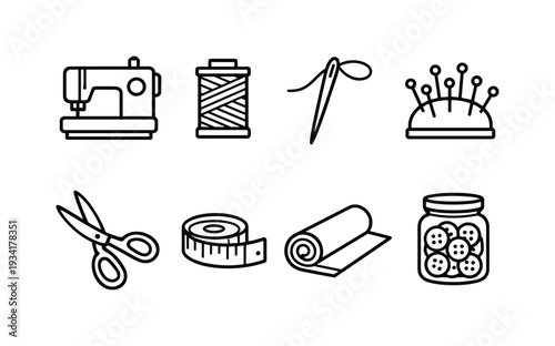 Collection of sewing and tailoring icons in a clean, modern line art style
