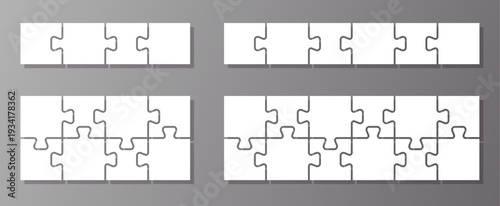 Jigsaw puzzle piece collection in different sizes. Set of 4 template with outline for game, infographic, educational design. Vector jigsaw picture texture. Puzzle grid business chain editable stroke