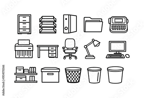 Collection of office supplies and furniture icons in a clean, modern line art style