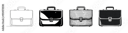 Four different briefcase illustrations showcasing various artistic styles and techniques in a monochrome vector collection.