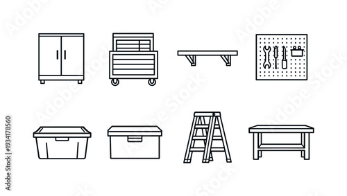 Collection of line art icons representing garage and workshop storage and tools