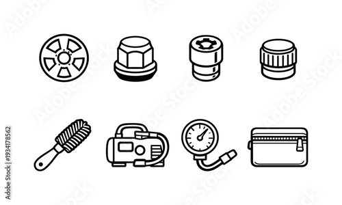 Car maintenance icons: wheel, lug nuts, tire valve, brush, pump, gauge, and bag