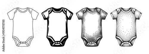 Baby bodysuits are presented in a collection of various hand-drawn engraving illustration styles including outline, bold, hatched, and stippled designs.