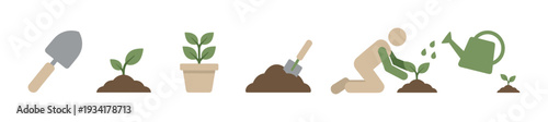 Gardening planting growth process icons illustrate the stages of nurturing a plant from seed to maturity.