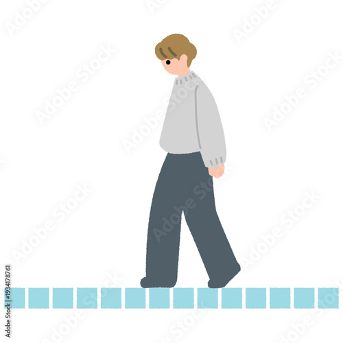 小さなブロックが連続した床の上を歩く人物のフラットイラスト｜段階と積み上げの抽象表現