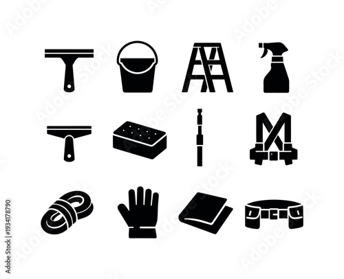 Collection of cleaning and maintenance tools and safety equipment icons