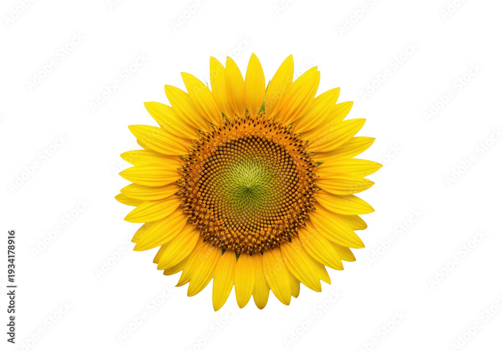 Obraz premium high-detail photorealistic flat lay shot of a single, perfect yellow sunflower head, showcasing the intricate dark center fibonacci spiral, isolated on a transparent background, concept of natural